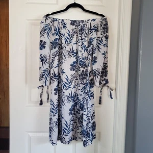 Valentina Naldi Off-the-Shoulders Blue Floral Dress 100% Linen Pullover Shift Sm - Picture 1 of 12