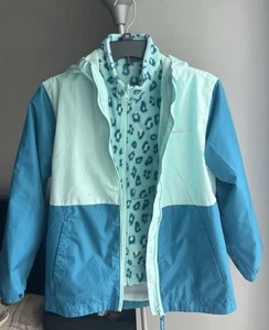 Eddie Bauer Girls Jacket M(10/12) Reversible 3 In 1 Hooded Blue Pockets Fleece - Picture 1 of 12