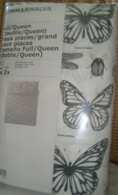 Ikea SOMMARMALVA Queen Duvet Cover w/ 2 Pillowcases White Gray Butterfly - NEW - Image 1 of 2