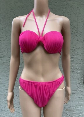 De Colección Años 90 Gottex Bikini Rosa Caliente Halter Sin Tirantes Malla Transparente Superposición Acanalada S/M Foto 1 de 4