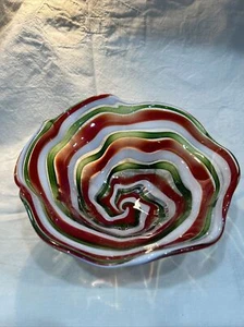 Art Studio Glass Bowl  Red White And Sparkly Green Signed (Can’t Read Signature) - Picture 1 of 6