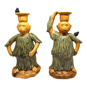 Pair of 1970s Majolica Monkey Birds Taper Candle Holders 9” - Picture 1 of 9