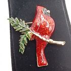 Vintage Christmas Glitter Red Cardinal Pin Gold Tone
