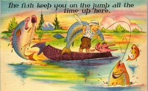 Vintage Unused Humor Comic Postcard ~ The Fish Keep You on the Jump Fishing - Picture 1 of 3