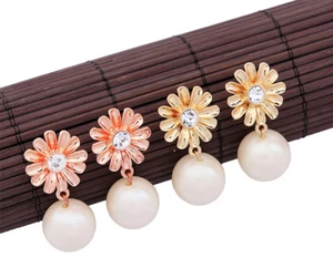 Super sweet daisy stud earrings with hanging pearl, multiple choices - Picture 1 of 6
