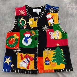 Suéter Chaleco Lisa Internacional Mujer Medio Negro Multi Dorado Brillo Navidad Tejido - Imagen 1 de 9