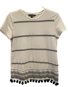 Ralph Lauren Women's t-shirt top White black hand Beaded T-Shirt pompom detail S - Picture 1 of 8