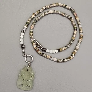Stone Bead Pendant Necklace Green Asian Carved Sterling Silver Toggle 18.75" - Picture 1 of 15