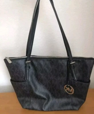 Michael Kors Jet Set Black Signature Tote MK Logo Silver Logo - Image 1 of 4