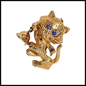 Vintage Avon Cat with Blue Rhinestone Eyes Dangle Bell Gold Tone Brooch Pin - Picture 1 of 15