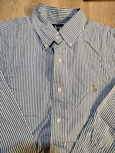 Ralph Lauren Yarmouth 100% Cotton Pinpoint Oxford Blue Striped Shirt Size 16