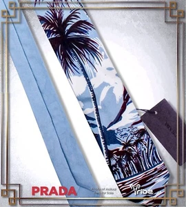 PRADA Blue Beach Silk Tie Lined Twill Tropical Palm Trees Print - NWT - Picture 1 of 3
