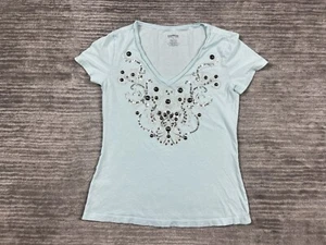 Express Top Womens Small Blue V-Neck Short Sleeve Sequin Beaded Cotton - Picture 1 of 10