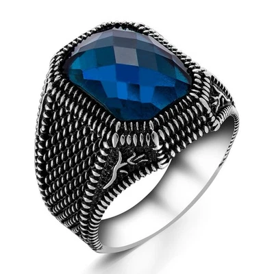 Anillos de plata de ley 925 elegantes de piedra de circón azul para hombre de uso diario regalo Foto 1 de 4