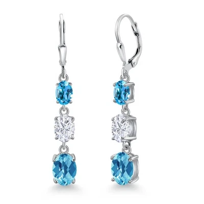 Pendientes colgantes de plata de ley 925 con topacio azul suizo de 3 piedras para mujer (5,50 Foto 1 de 4