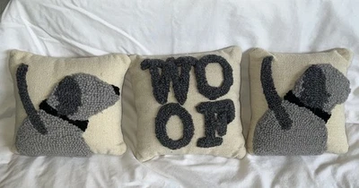 3 Cute Miniature Wool Pillows By Mudpie Dogs Woof 7.5x7.5" - Image 1 of 4