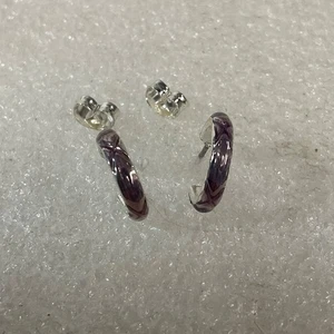 Small Silver Tone Hoop Stud Earrings 0.5in Purple Polished Minimalist Jewelry - Picture 1 of 7