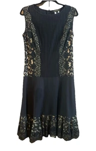 Vestido Tadashi Shoji Pintuck Jersey Encaje Negro Forrado Pintuck Ribete Mujer Grande - Imagen 1 de 9