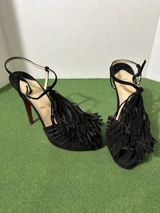 Christian Louboutin Suede Fringe Trim Accent Peep Toe Heels Pumps Sz 39.5 US 9.5 - Picture 1 of 12