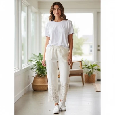 POLO Ralph Lauren Talla 8 Crema Lino Mezcla Algodón Bordado Dobladillo Pantalones $398 Foto 1 de 4