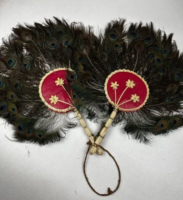 Lote de 2 abanicos de mano redondos estilo pluma de pavo real estilo Art Deco vintage Foto 1 de 4