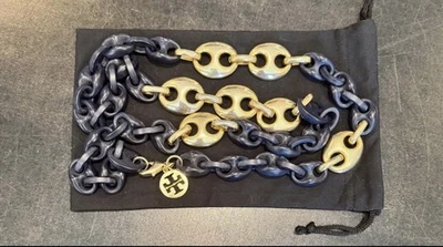 Auténtico collar/cinturón de cadena GEMINI Tory Burch vintage enrollado Tory dorado azul marino Foto 1 de 4