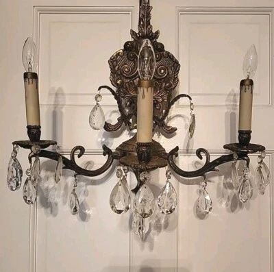 PAIR Vintage 3L Cast Spanish Brass French Wall Sconces Lamps Lead Crystal Prisms - Image 1 of 4
