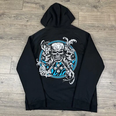 Vintage Y2K Cyber Goth Hoodie Adult Large Black Sherpa Lined Skull Affliction - Image 1 of 4
