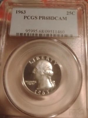 1963 P PCGS PR68 DCAM | SILVER - Washington Quarter - 25c US Monster Frosting  - Image 1 of 3