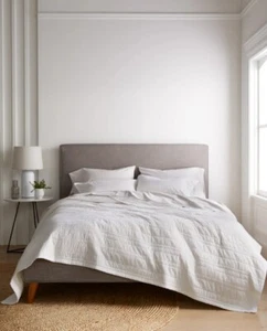 NWOT QUINCE ORGANIC COTTON STRIPE STITCH QUILT ONLY TWIN WHITE COVERLET - Picture 1 of 17