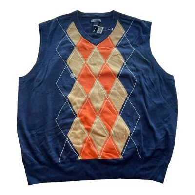 Saddlebred Argyle Sweater Vest Men's XL Blue & Tan 100% Cotton V-Neck NEW - Image 1 of 4