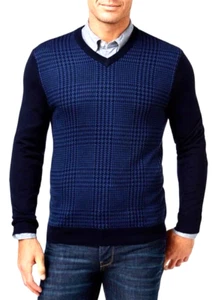 NWT Club Room Men's  L Blue Checked V-Neck Merino Wool Long Sleeve Sweater NEW - Picture 1 of 5