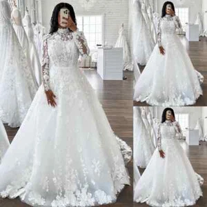 High Neck Wedding Dresses Long Sleeve Appliques Trian Ball Gown Layered Lace - Picture 1 of 9