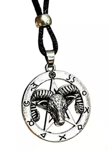 Ram Head Necklace Goat of Mendes Pentagram Pendant Occult Symbols Beaded Cord - Picture 1 of 12