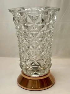 Vintage MCM Diamond Pattern Hexagon Glass Vase. 9.5” Copper Foot French 1970s - Picture 1 of 5