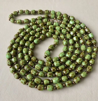 Lime Green Scottish Agate Glass Bead Necklace Very Long - Image 1 of 3