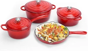 Juego de utensilios de cocina de hierro fundido esmaltado - Juego de 7 piezas de hornos holandeses, sartén para salsas - Imagen 1 de 5