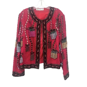 Vintage Scala Beaded Jacket Womens Red Sequin Holiday Party Gift Present L-XL - Picture 1 of 9
