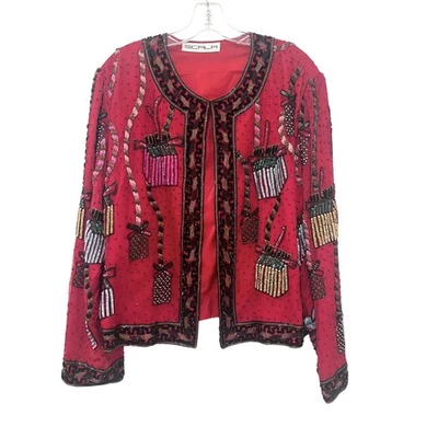 Vintage Scala Beaded Jacket Womens Red Sequin Holiday Party Gift Present L-XL - Image 1 of 4