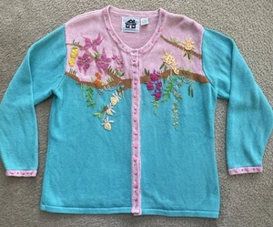 Storybook Knits HSN Women’s SZ L Beaded Embroidered Floral Cardigan Ramie Cotton - Picture 1 of 12
