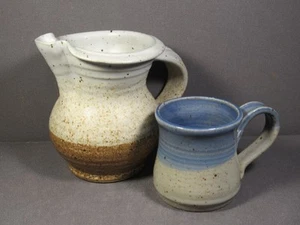 Studio Art Pottery Small Pitcher Creamer & Blue Cup 4" & 2" 2-Tone Glaze Signed - Picture 1 of 10