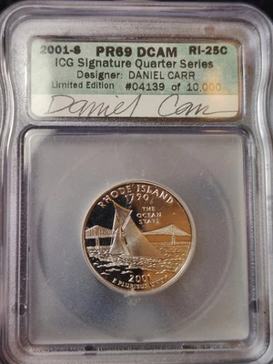 2001 S RHODE ISLAND Proof Quarter ICG PR69 DCAM Designer Signed Label DANIEL... - Image 1 of 4
