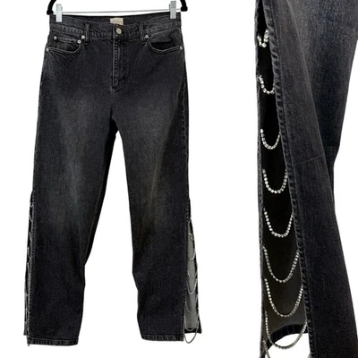 Alice + Olivia Gayle Baggy Jeans Embellished Denim Charcoal Black Crystal 30 - Image 1 of 4