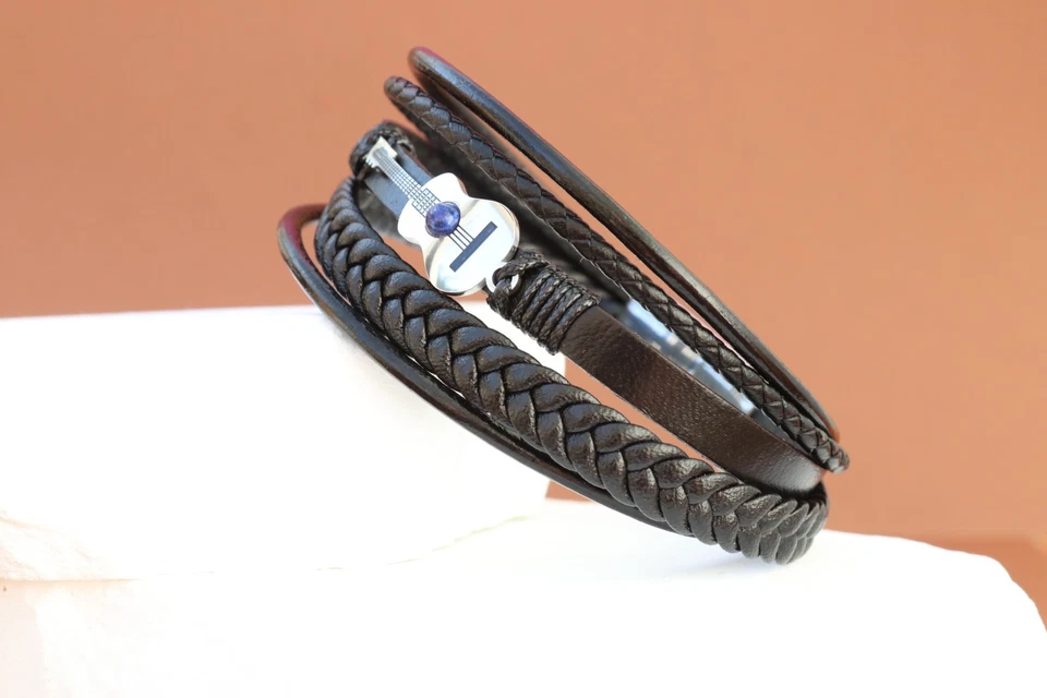 Men's Guitar Bracelet | Braided Faux Leather Wrisband | Rock Style Gift - Image 1 of 3