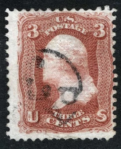 US Sc 88 Rose 3¢ “E“ Grill 1868 Partial Strike  PAID 3 Circular Handstamp Cxl - Picture 1 of 1