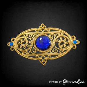VTG Jonette Jewelry JJ Oval Filigree Blue Stone Edwardian Style Gold Tone Brooch - Picture 1 of 6