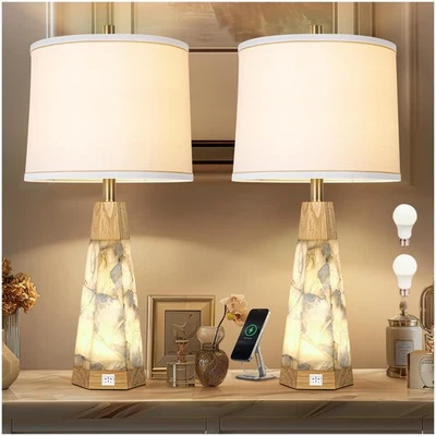 Natural Alabaster And Real Wood Table Lamp Set of 2 With Night Light Nightsta... - Image 1 of 4
