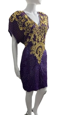 Vintage Pantagis Size L US 10 Silk Purple Gold Fully Beaded Open Back Glam Dress - Image 1 of 4