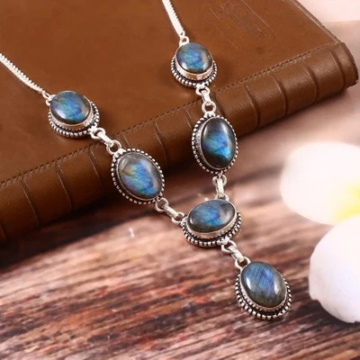 Labradorite Gemstone Necklace 925 Sterling Silver Handmade Adjustable Jewelry S9 - Image 1 of 4