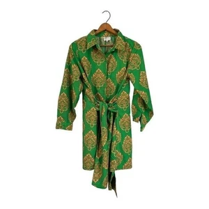Her Destiny Damask Printed Shirt Print Dress Tie Waist Front Large Green - Picture 1 of 5